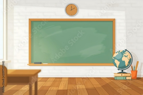 Classroom interior with a green chalkboard wooden desk globe and clock in a vector illustration school education learning teaching