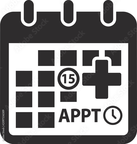 Black silhouette icon of a calendar with medical cross, date, and time elements, perfect for clinic booking systems, appointment reminders, health app interfaces, and scheduling infographics