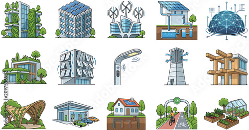 Sustainable city infrastructure icons set featuring green buildings renewable energy systems and eco friendly urban development vector