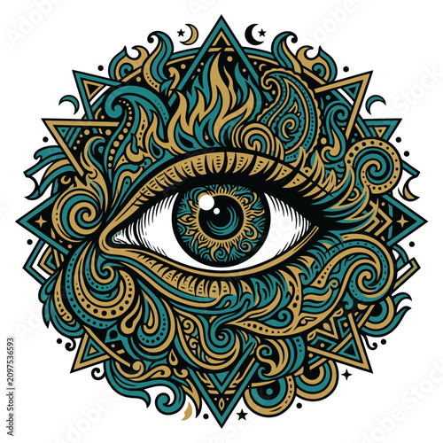 Mystical third eye illustration with gold and teal mandala patterns