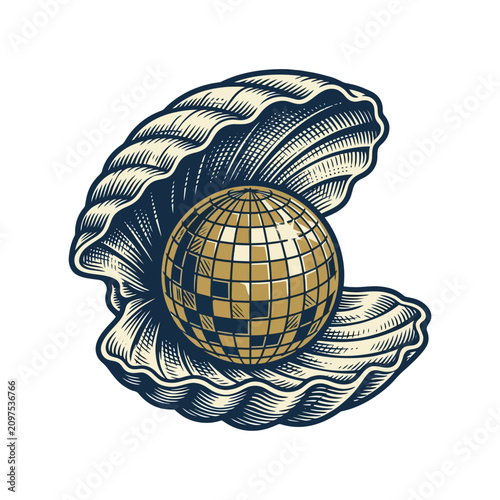Illustrated disco ball pearl inside an open scallop shell
