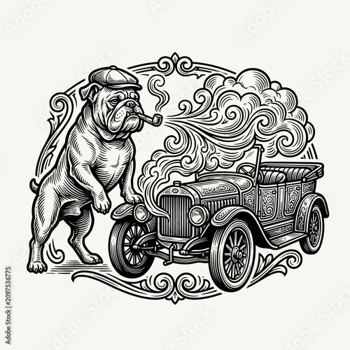 Foto A dapper bulldog smokes a pipe beside a vintage car