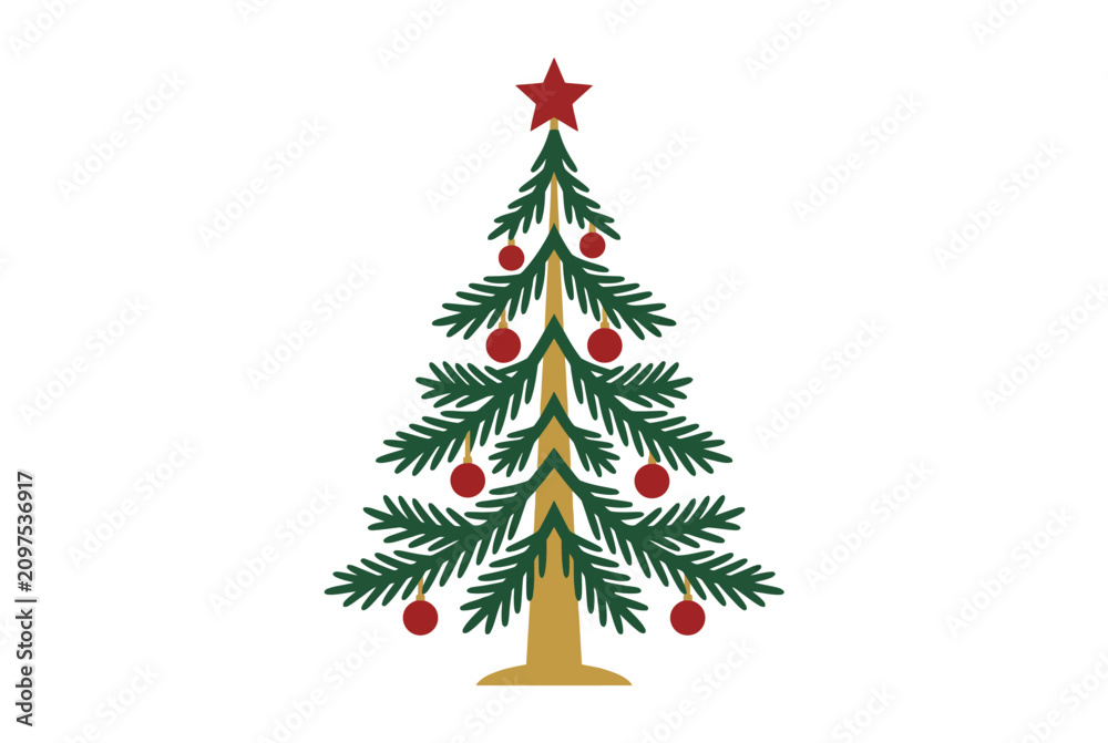 Obraz premium Festive illustrated Christmas tree with star and red ornaments