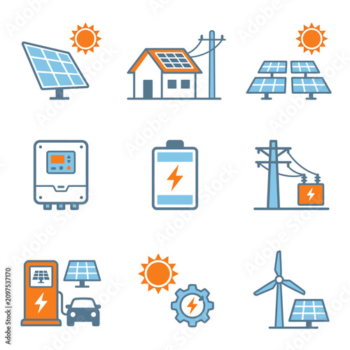 Renewable energy and solar power technology icon set for sustainable development