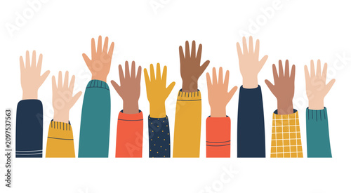Tableau sur toile Multicultural hands raised in the air, diverse group illustration, volunteering