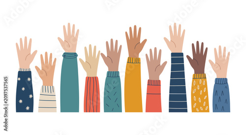 Photos Multicultural hands raised in the air, diverse group illustration, volunteering