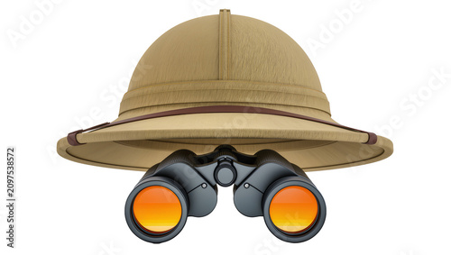 Принти на полотні Isolated safari explorer's pith helmet and binoculars ready for adventure and wi