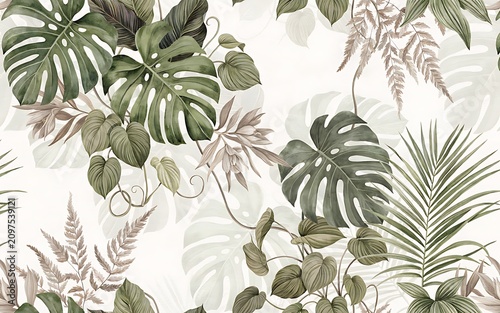 Tropical botanical seamless pattern with monstera leaves and ferns isolated on white background