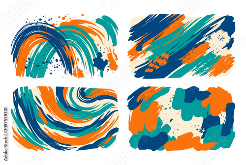 Bild auf Leinwand Abstract paint strokes in vibrant orange, teal and navy blue