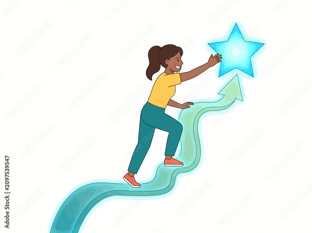 Fototapeta premium Woman reaching for shining star success.