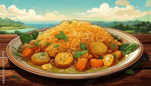 Delicious Plate of Rice and Vegetables Served Outdoors.