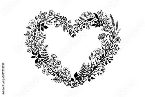 Canvastavla A detailed black ink botanical illustration of a heart-shaped floral wreath
