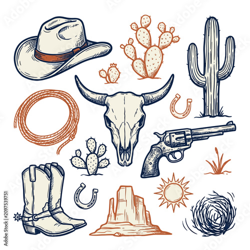 Принти на полотні Collection of Wild West themed hand-drawn doodle icons