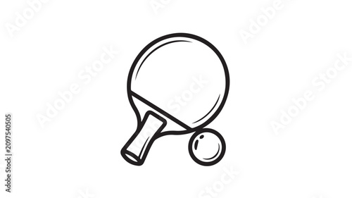 Black and white illustration of a tennis racket and ball on a clean white background for editorial use