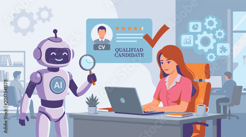 Quadro su tela AI recruitment and automated CV screening vector illustration with HR manager an