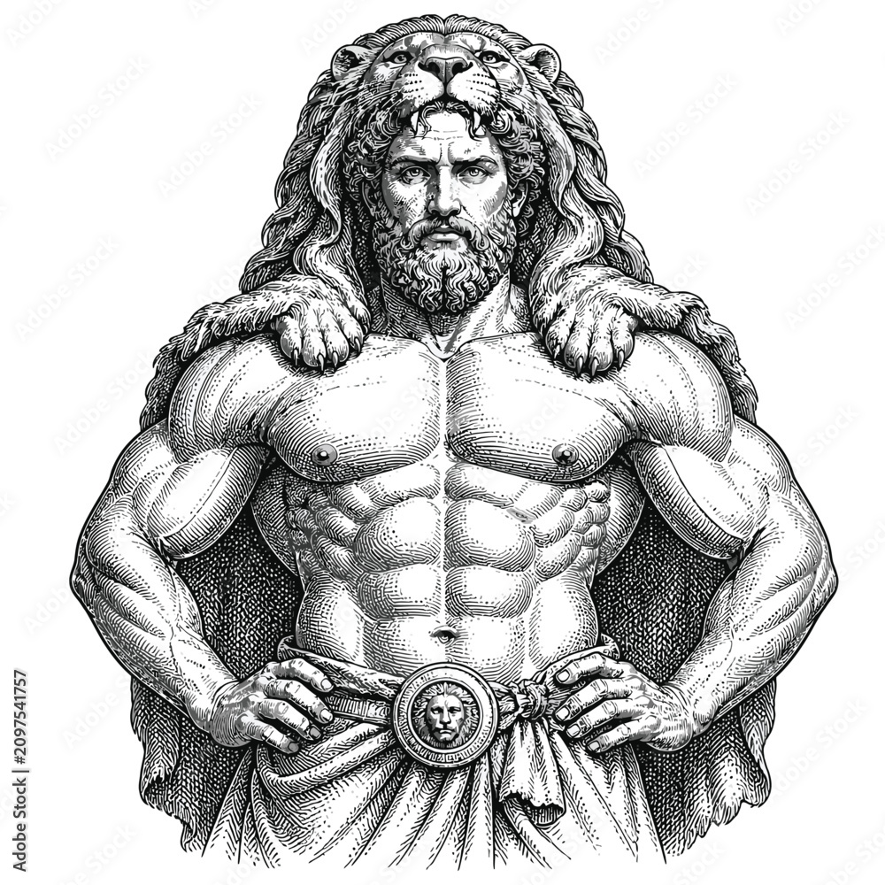 Fototapeta premium Muscular Hercules wearing the Nemean Lion skin in a classic engraving style.