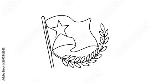 Quadro su tela Revolutionary flag with star and laurel wreath, single line drawing