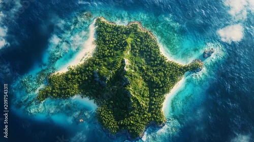 Beautiful aerial island landscape with turquoise water reef lagoon and ocean waves showing tropical paradise nature travel destination summer escape coastline tourism exotic adventure background view