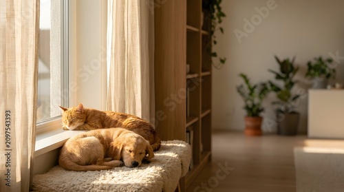 Golden retriever puppy and ginger cat sleeping together on cozy bench by window. Warm home interior, perfect for lifestyle and pet care advertising.
