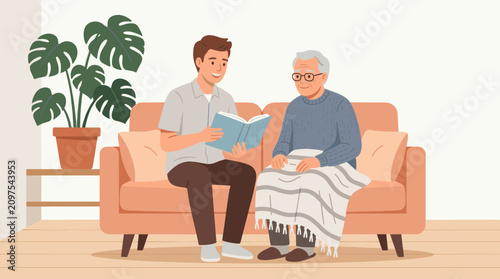 Foto Man reading book with senior on living room sofa.