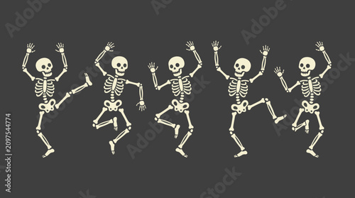 фотографія Five skeletons dancing on black background