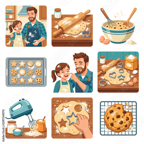 Family baking cookies together in colorful kitchen scenes.