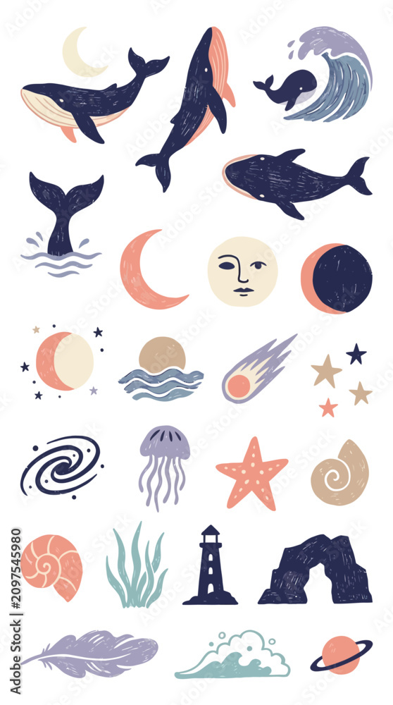 Obraz premium Whales, celestial bodies, and marine life illustrations in a whimsical, colored-pencil texture style.