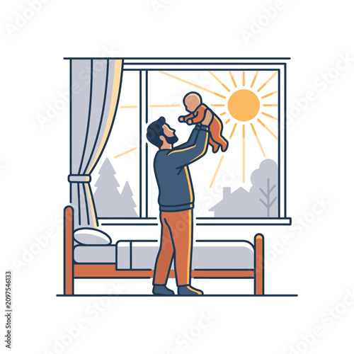 Father holding baby near window with sunlight.