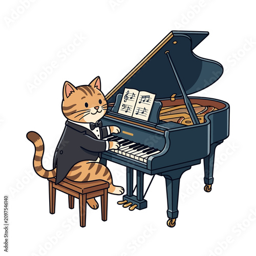 Feline musician performing on grand piano in formal attire