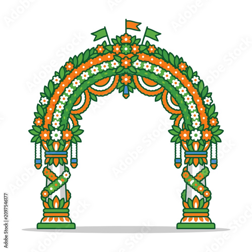 Festive archway decorated with flowers and flags