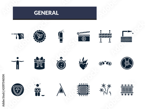 filled general icons set - fire estinguisher, fragments, traffic barriers, hose with drops. editable vector for web and mobile ui