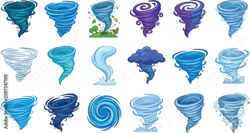 Photos Colorful tornado and twister vector icon set featuring blue purple and teal hurr