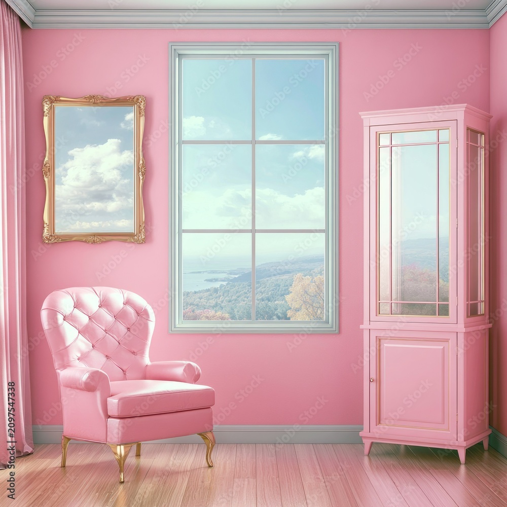 Obraz premium Pink armchair and cabinet in monochrome pink themed room.