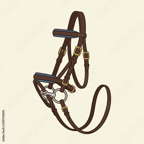 Obraz na płótnie Brown leather horse bridle with blue padding on plain beige background