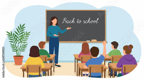 Teacher and students in a classroom with 'Back to school' on blackboard