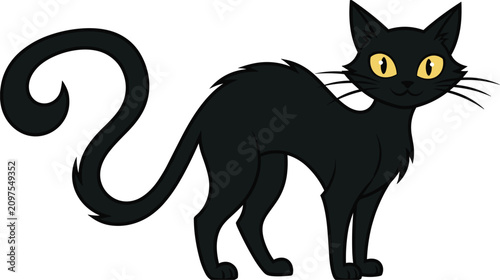 Obraz na płótnie A cute black cat with yellow eyes arching its back and tail in a spooky hallowee