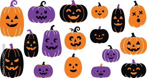 Set of colorful halloween pumpkins with scary and funny jack o lantern faces in orange purple and black colors for holiday design