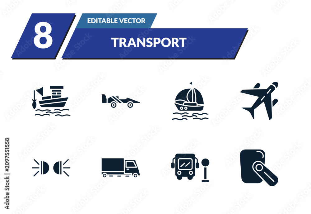 Obraz premium filled transport icons set - fishing boat, formula 1, sailing boat with veils, air transport. editable vector for web and mobile ui