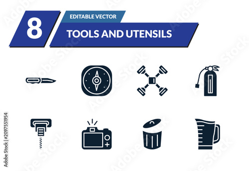 Obraz na płótnie filled tools and utensils icons set - penknife, cardinal points, cross wrench, flame extinguisher