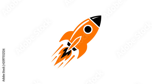 A simple illustration of an orange rocket ship flying into the sky