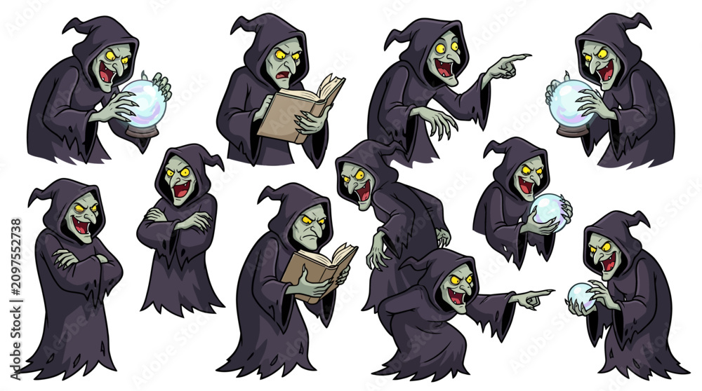Fototapeta premium Set of cartoon characters depicting a wicked green witch casting magic spells and reading an old spell book