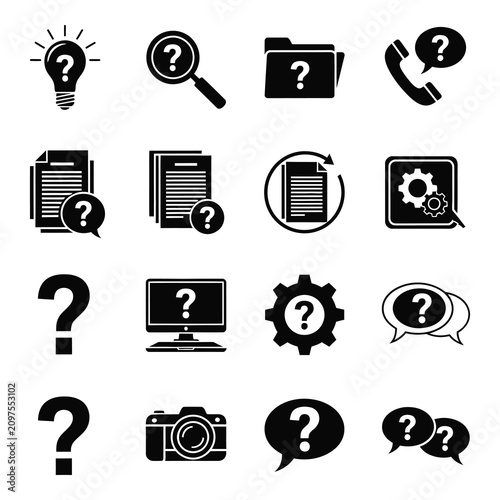 Black and white icons of various objects with question marks  business concept icon