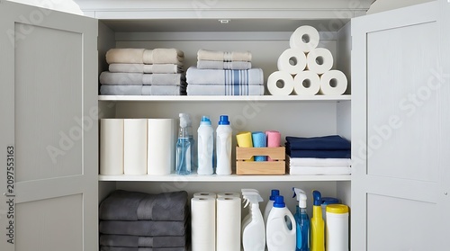 Neatly organized storage closet filled with stacked towels toilet paper rolls cleaning supplies bottles and folded linens ready for use in home laundry room.