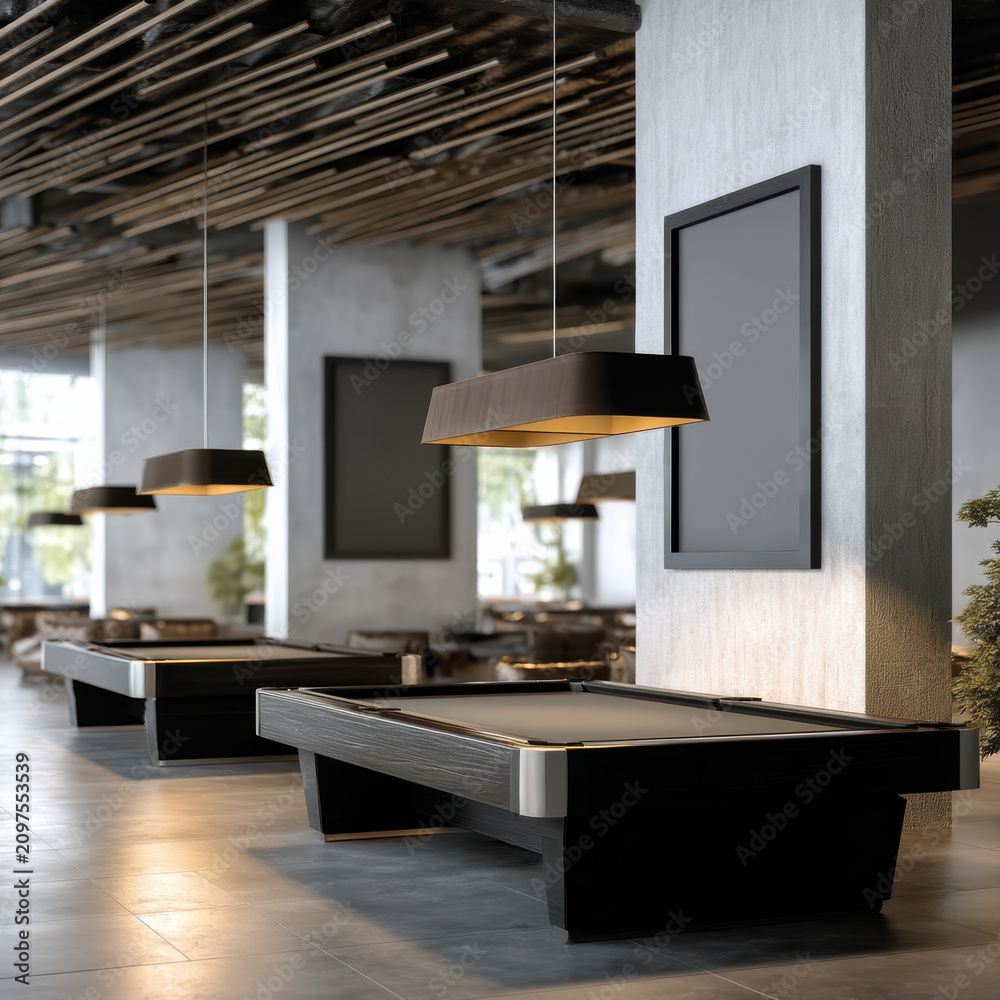 Obraz premium Modern pool table blank vertical poster frame pendant light concrete column stylish lounge contemporary interior natural light calm mood