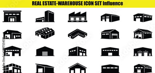 Building structures with rectangular forms and gabled roofs a collection of stylized representations architecture warehouse storage factory industrial commercial property real estate