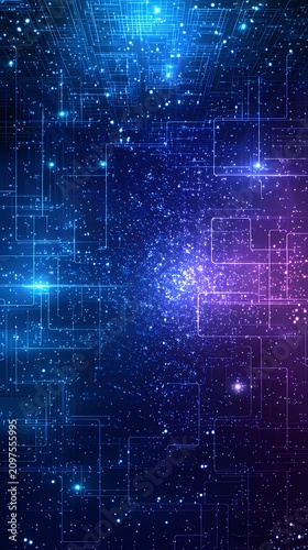 Abstract quantum computing background with glowing blue and purple light particles and circuit board digital data lines