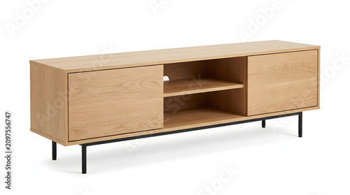 Modern wooden TV stand isolated on white. Minimalist media console cabinet for living room interior.