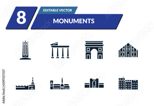 Canvas Print filled monuments icons set - circle, temple of apollo, arc of triomphe, milan cathedral