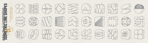 Tableau sur toile Isometric line brutal 3D shapes, Brutalism volumetric carcass various form, Post