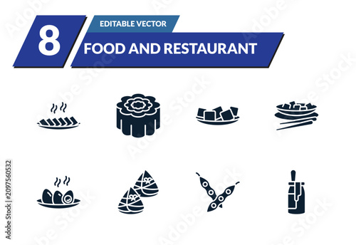 фотографія filled food and restaurant icons set - char siu, moon cake, tofu, kung pao chicken
